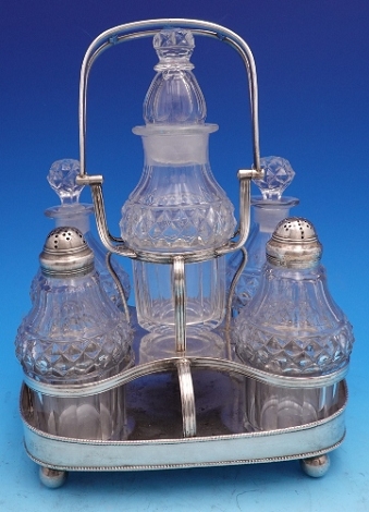 Cruet Set 6-pc 5 glass bottles and stand with handle, stand is unmarked, 2 shakers with sterling caps, 2 glass bottles, 1 tall glass bottle with broken stopper sku# 9271-h - Hollowware - Silverplate by Various Makers - Silver Plate 